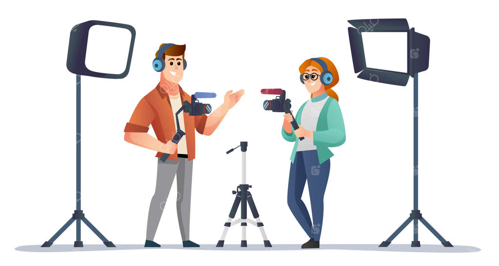 تصویرسازی از فیلمبرداران حرفه‌ای زن و مرد با استابلایزر دوربین در استودیو