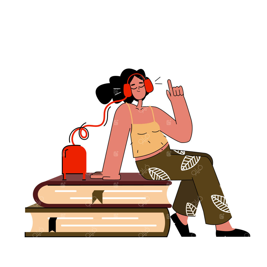 زنی با هدفون به کتاب صوتی گوش می‌کند. مفهوم پادکست و مطالعه کتاب