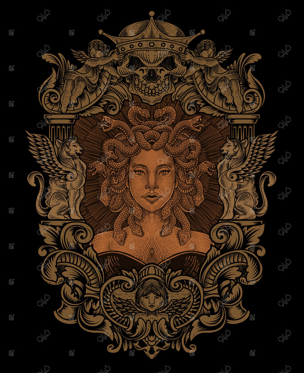 تصویر مدوسا با قاب تزئینی حکاکی شده