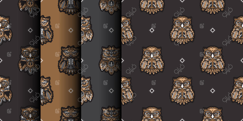 مجموعه الگوهای بی‌درز با جغدها. سبک منحصر به فرد. مناسب برای تی‌شرت‌ها، کارت‌پستال‌ها و چاپ. وکتور