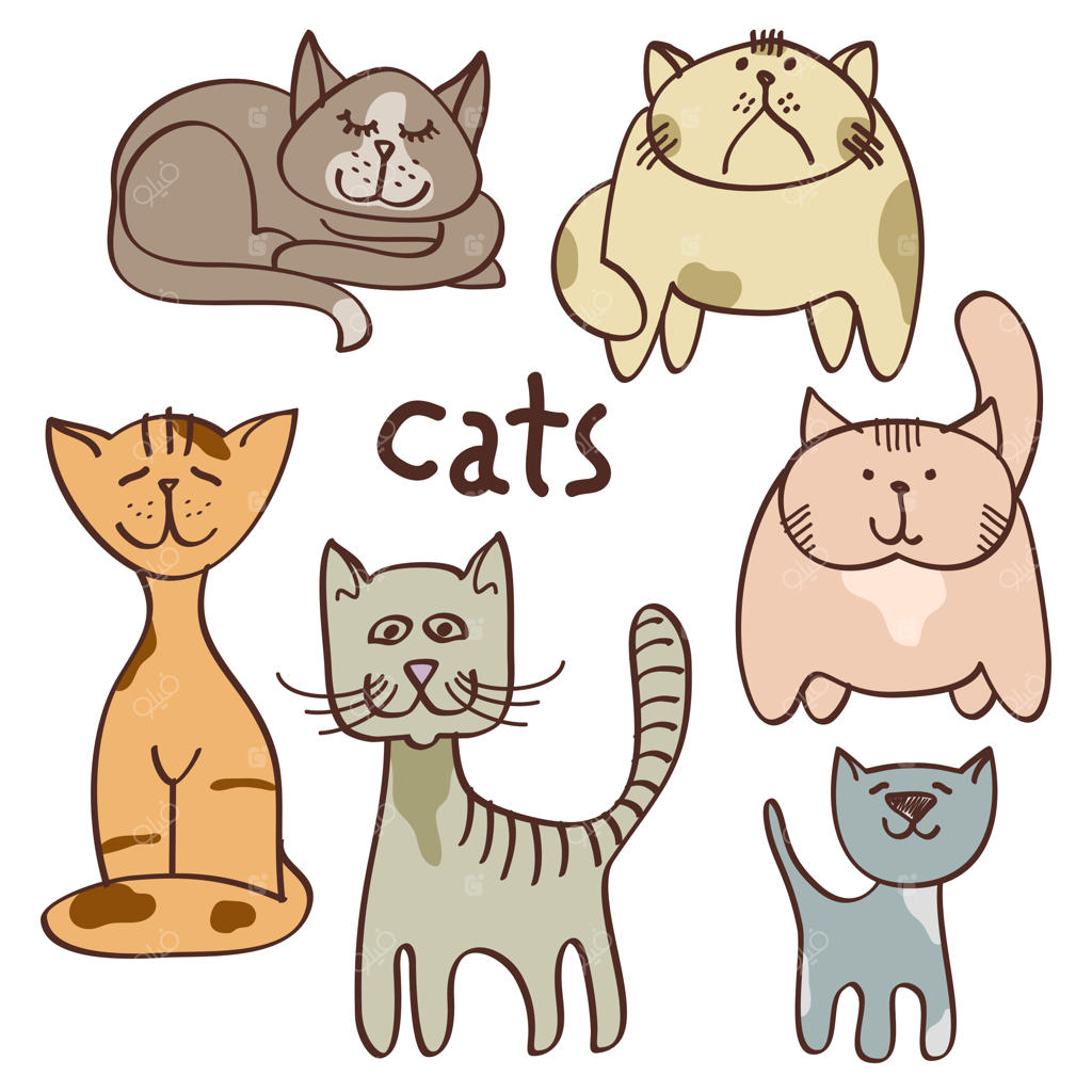 گربه‌های رنگارنگ با طرح دودل (Doodle) در پس‌زمینه سفید