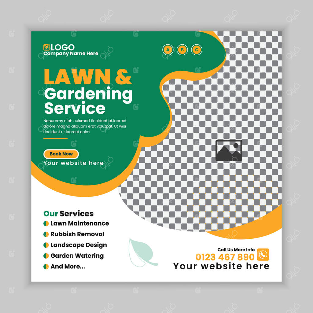 طراحی قالب پست شبکه‌های اجتماعی برای خدمات نگهداری خلاقانه باغ و چمن، بنر وب برای خدمات چمن‌زنی، طراحی پوستر آنلاین برای کسب‌وکار کشاورزی و باغبانی