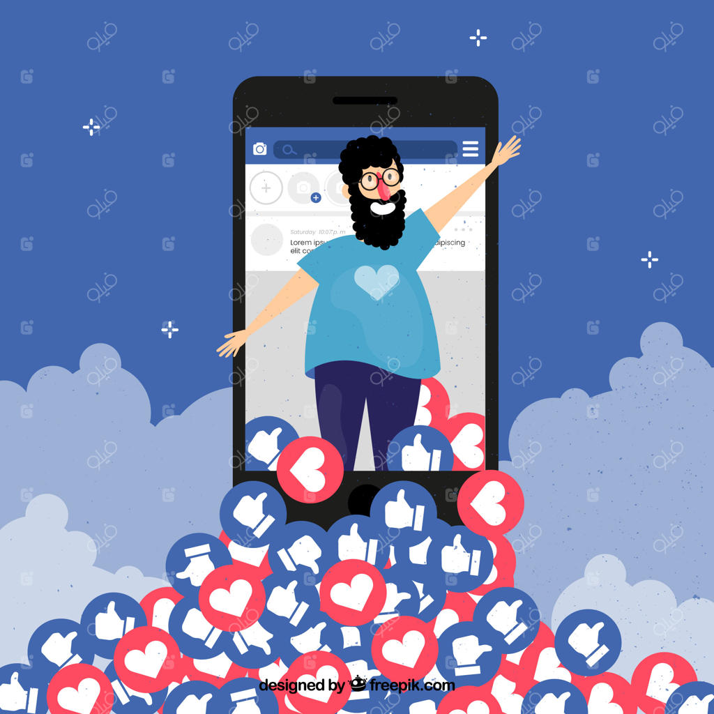 پس‌زمینه فیسبوک با شخصیت، قلب‌ها و لایک‌ها