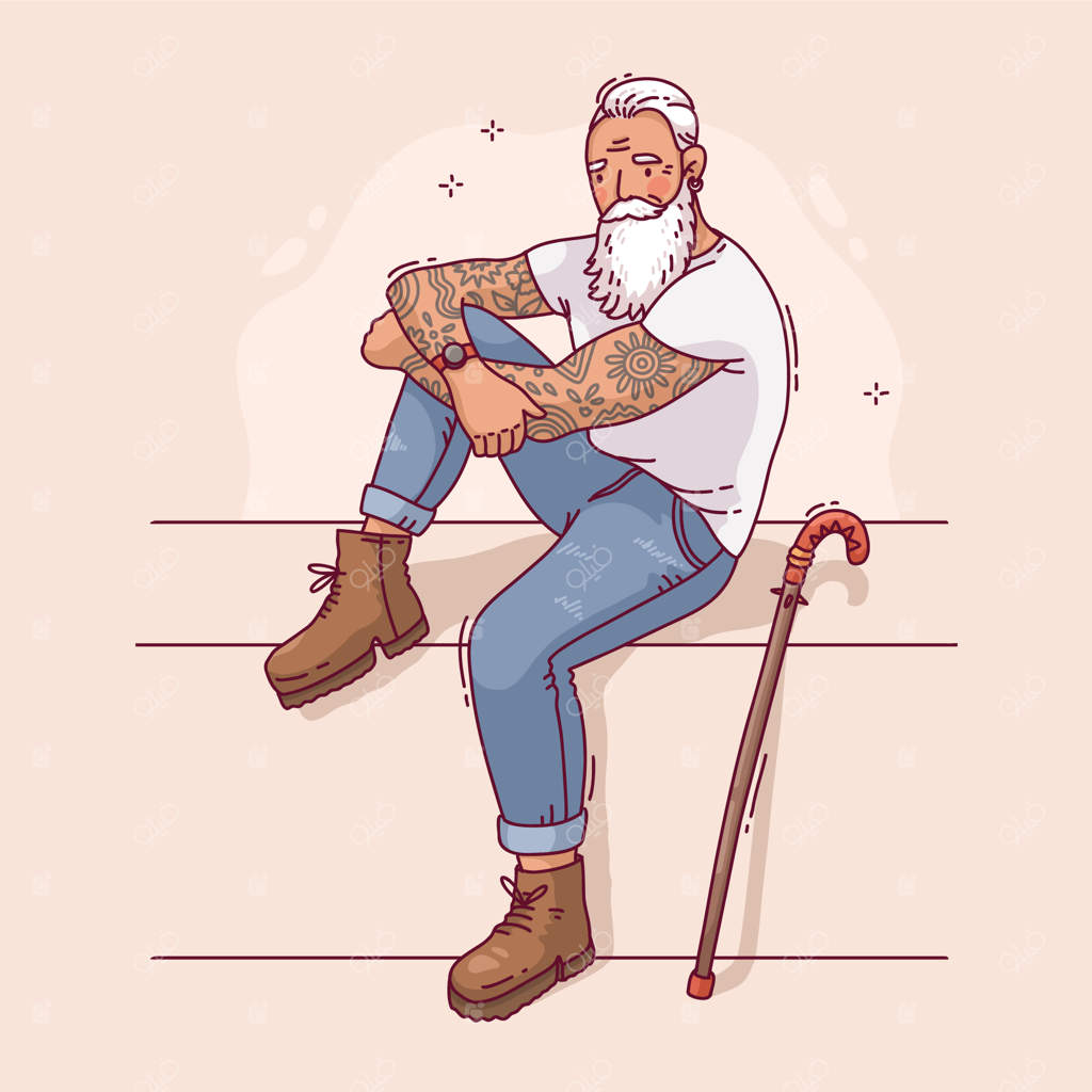 تصویر طراحی دستی مرد مسن با تتو