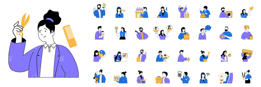 مجموعه کامل طراحی سالن زیبایی با شخصیت‌ها و موقعیت‌ها. بسته‌ای از صحنه‌هایی که افراد از خدمات آرایشگری و درمان مو بهره می‌برند، مانیکور و آرایش می‌کنند. تصاویر وکتوری.