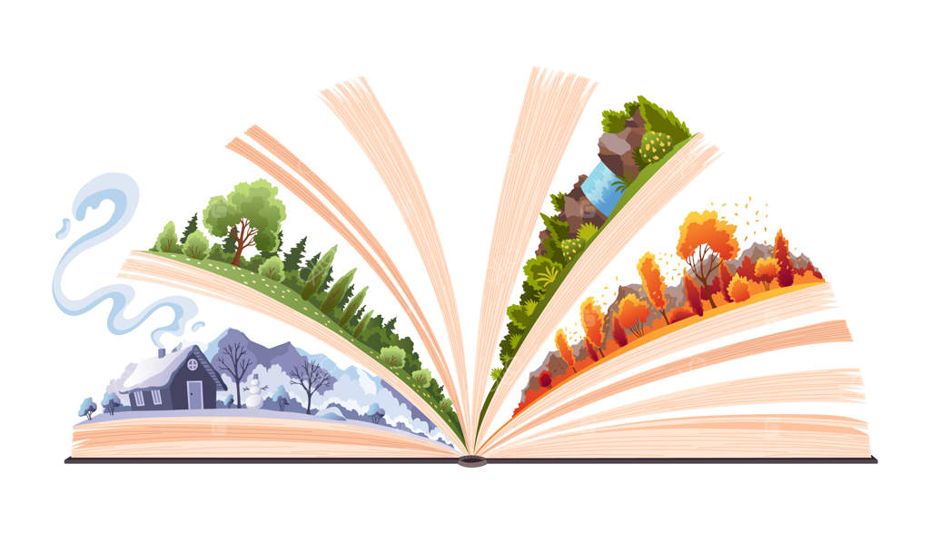 کتاب چهار فصل: تابستان، زمستان، بهار، پاییز - کتابی گشوده با صفحات هر فصل - داستانی فانتزی درباره طبیعت، همراه با تصویرسازی وکتور