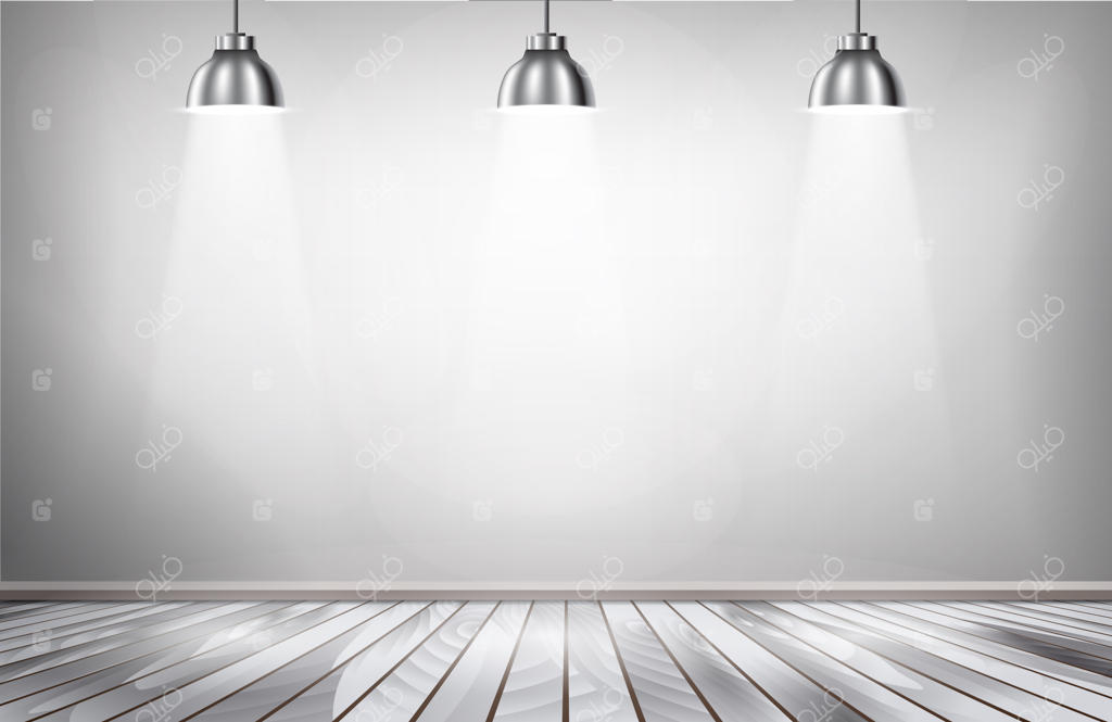 چراغ‌های سقفی در اتاق خاکستری با کف چوبی.