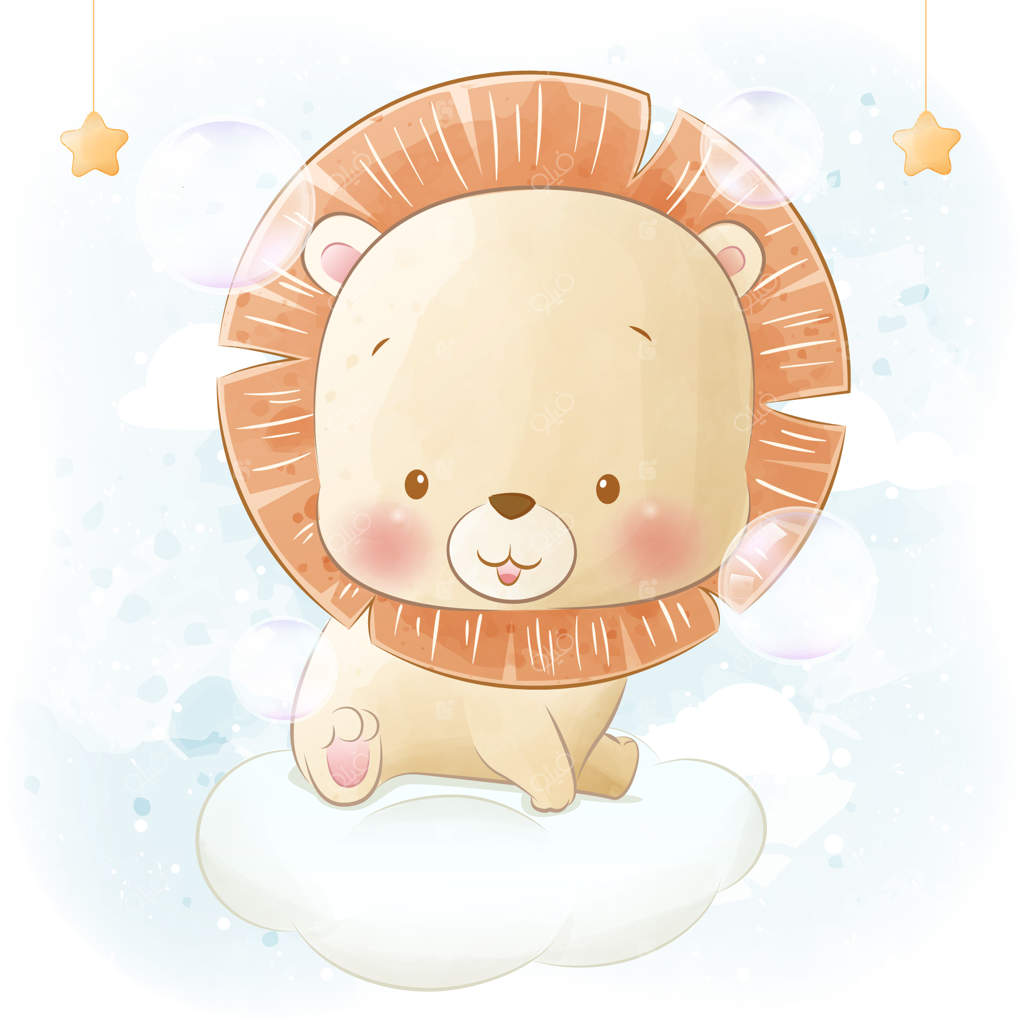 شیر کوچولوی خوشحال بر روی ابر نشسته است