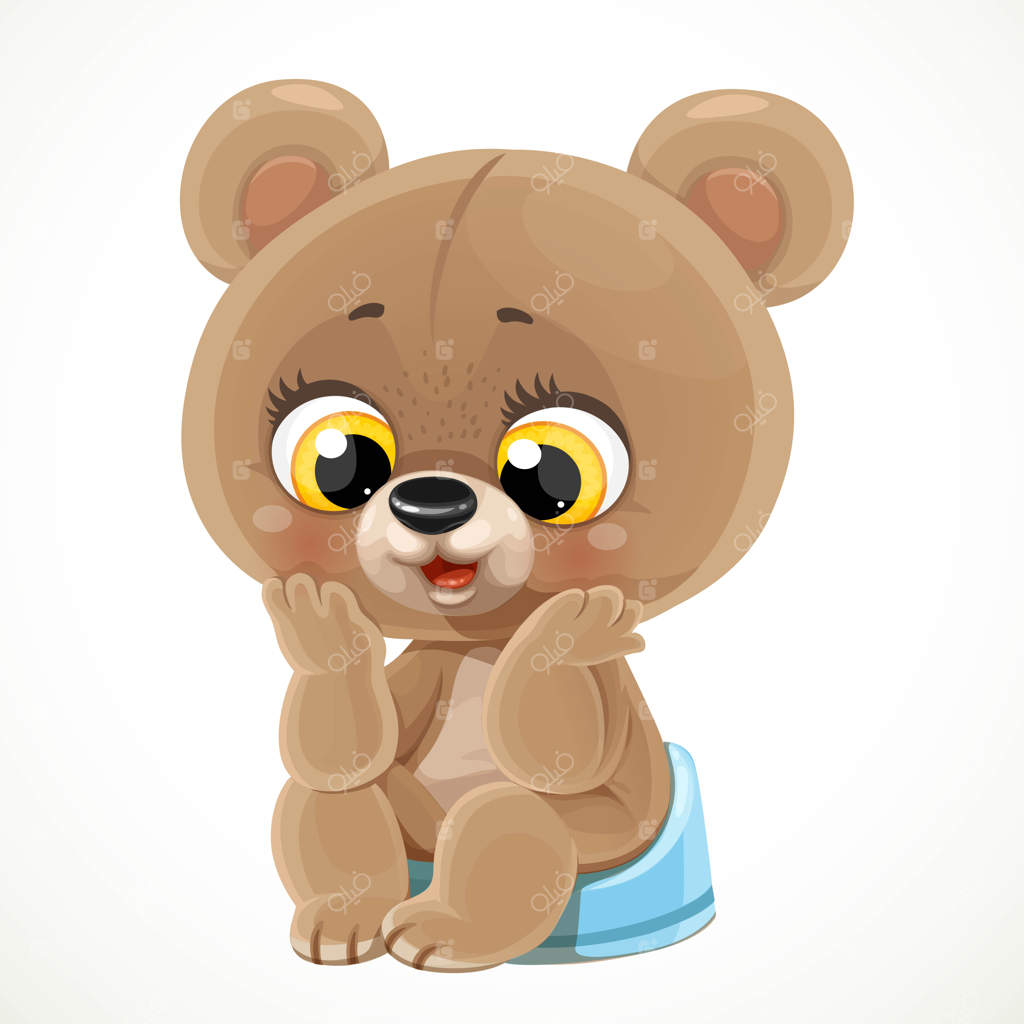 خرس عروسکی بامزه روی گلدان در پس‌زمینه‌ی سفید نشسته است