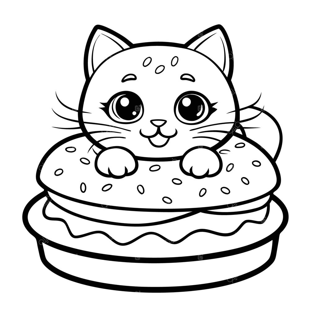 صفحه رنگ‌آمیزی: گربه بازیگوش در حال لم دادن روی یک همبرگر غول‌پیکر