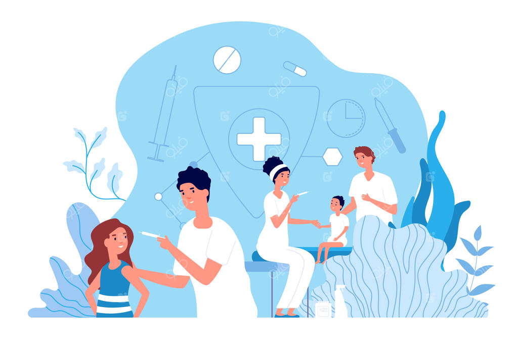 واکسیناسیون کودکان، متخصص اطفال و مراقبت‌های پزشکی نوزاد. واکسن فلج اطفال و آنفولانزا برای کودکان. مفهوم دارو و محافظت از سلامت. تصویرسازی واکسیناسیون توسط پزشک اطفال و مراقبت‌های بهداشتی.