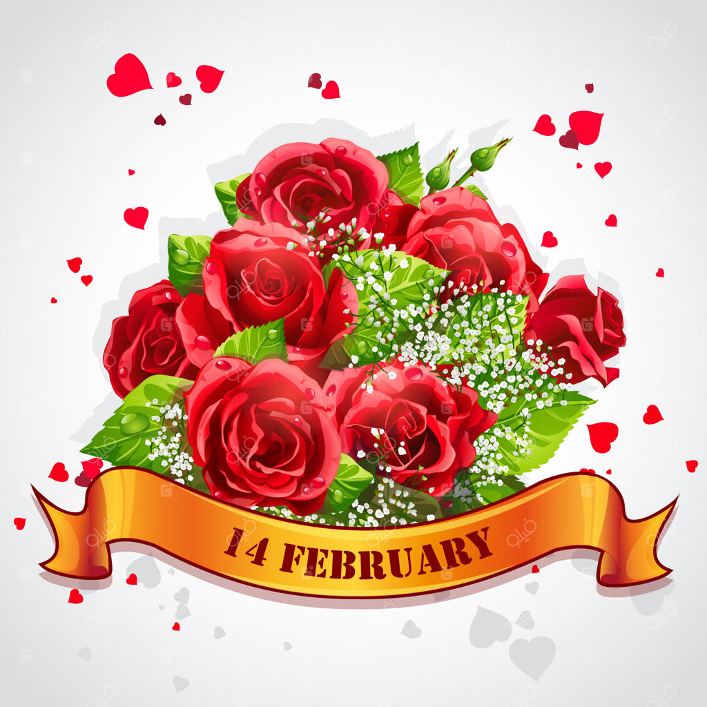 کارت پستال روز ولنتاین با رزهای قرمز و روبان زرد