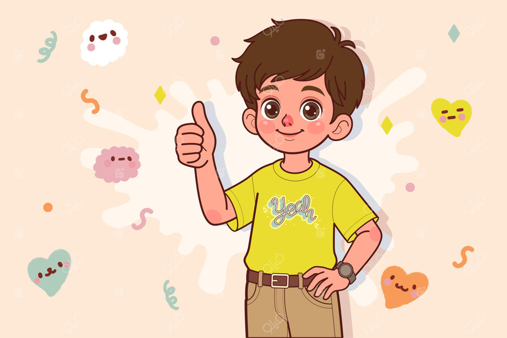 پسربچه کارتونی با ژست انگشت شست رو به بالا، سبک طراحی دستی