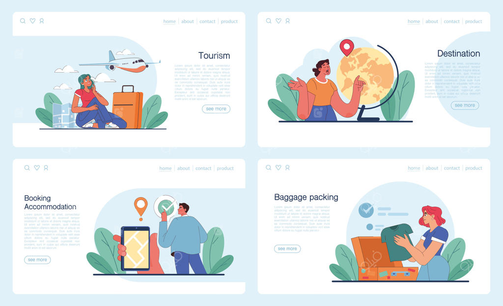 مجموعه بنر وب یا صفحه فرود برای گردشگری: سفر مردم به دور دنیا و دیدن جاذبه‌ها