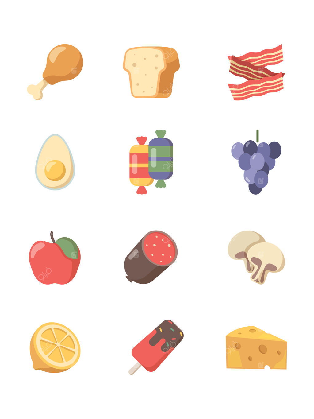 آیکون‌های خوراکی: قهوه، گوشت، کیک، پیتزا، تخم‌مرغ، استیک و سایر نمادهای غذا در سبک تخت