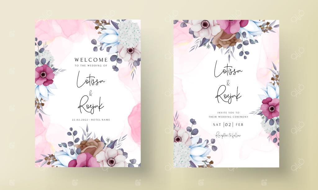 کارت دعوت عروسی بوهو با طراحی شکوفه ها و برگ‌های زیبا