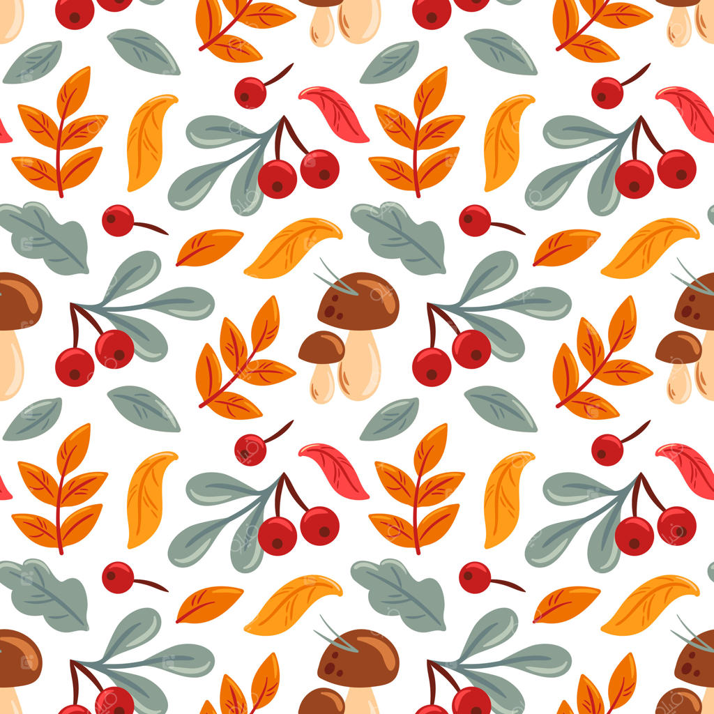 این تصویرسازی جذاب و خوش‌رنگ، الگویی بدون درز (Seamless) از برگ‌های پاییزی، قارچ‌ها و توت‌ها را به نمایش می‌گذارد. رنگ‌های گرم آن حس‌وحالی دنج و فصلی ایجاد کرده‌اند که برای طرح‌ها و پروژه‌هایی با تم پاییز ایده‌آل است.