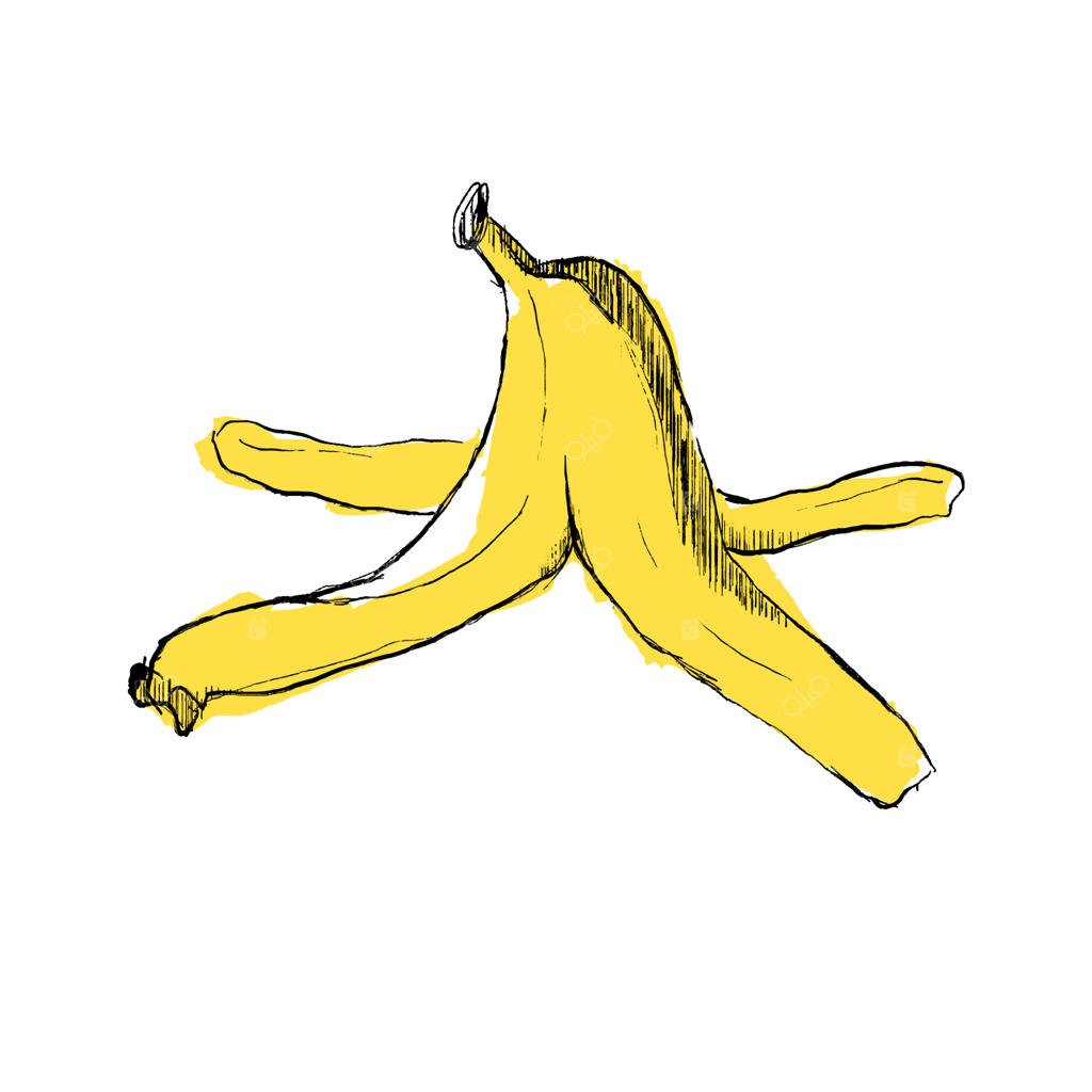 تصویر پوست موز بر روی پس‌زمینه سفید. پوسته موز به صورت آیکون تک در سبک کارتونی. کود باغ، زباله طبیعی و قابل تجزیه. پوسته میوه لغزنده. مناسب برای طراحی شما.