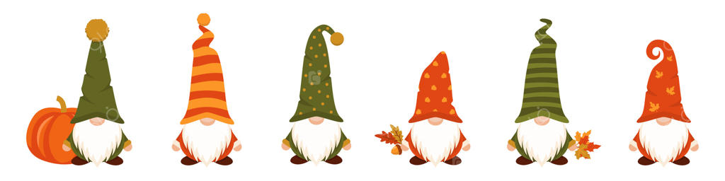 کوتوله‌های پاییزی با کدو تنبل و برگ در دست. شخصیت‌های جادویی برداشت محصول با برگ زرد و بلوط در دست و کلاهی که چشم‌هایشان را می‌پوشاند و ریش سفید به عنوان نماد جشن اسکاندیناویایی باغ.