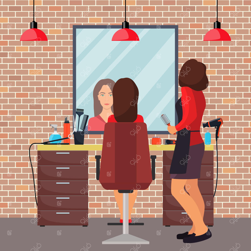 آرایشگر و مشتری خانم در سالن زیبایی. صندلی، آینه، میز، ابزار آرایشگری و محصولات مراقبت از مو. دکوراسیون داخلی سالن آرایش. تصویرسازی به سبک تخت.