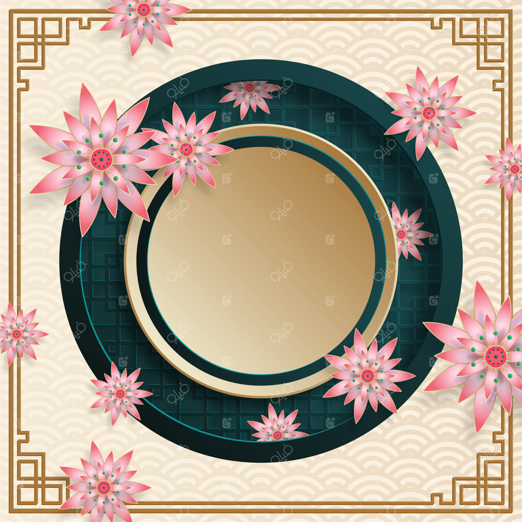 قاب چینی با عناصر شرقی روی پس‌زمینه رنگی، مناسب کارت دعوت عروسی، سال نو مبارک، تولد مبارک، روز ولنتاین و کارت‌های تبریک، پوستر یا بنر وب