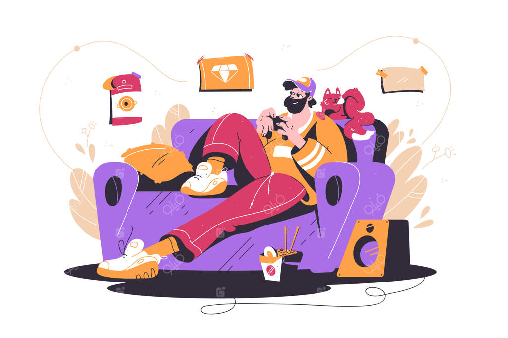 مردی ریشو در حال بازی ویدیویی روی مبل با گربه - گیمر مرد در حال استراحت با غذا