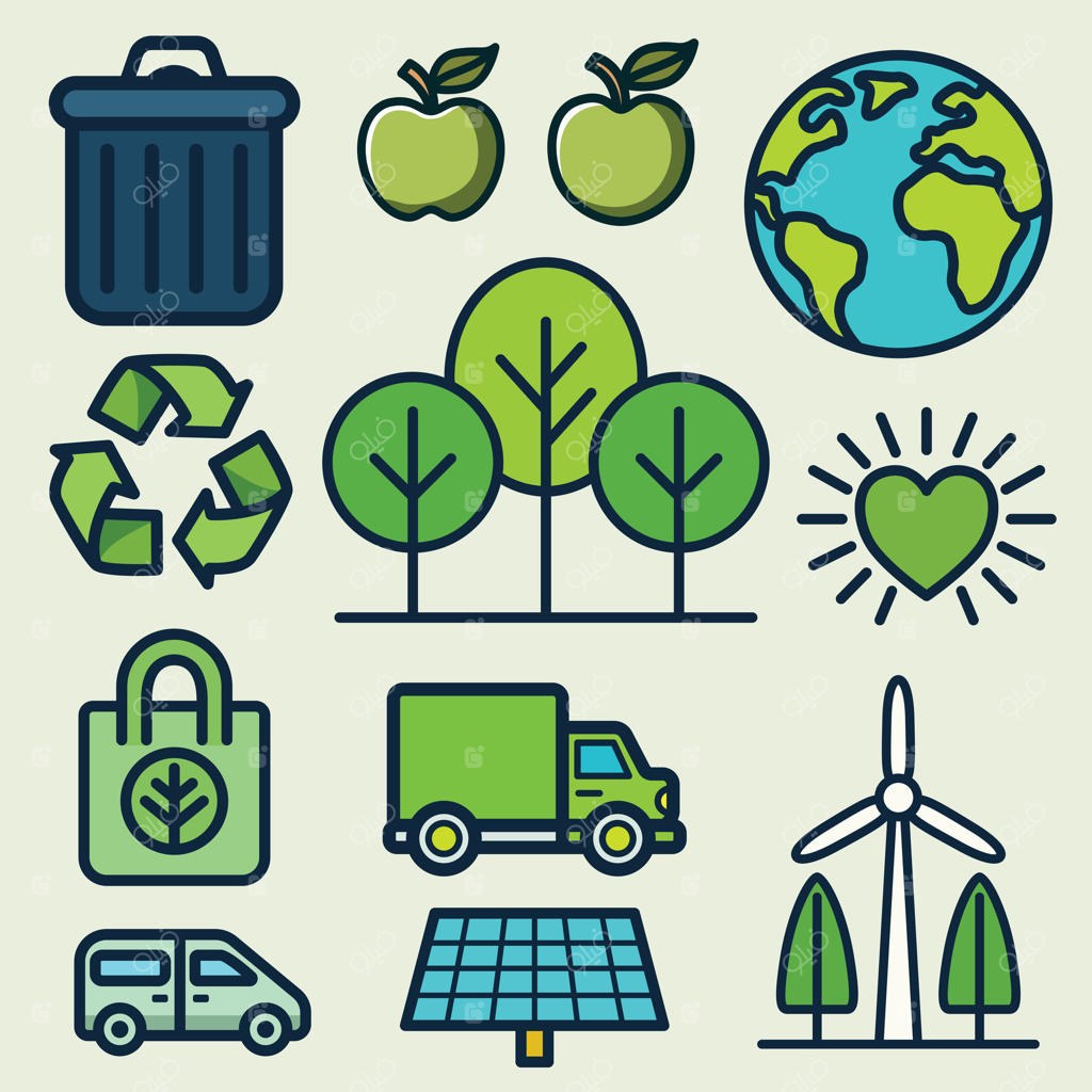 مجموعه آیکون‌های زیست‌محیطی رنگارنگ شامل نمادهایی مانند بازیافت، درختان، صفحات خورشیدی و حمل و نقل سبز. ایده‌آل برای طراحی‌های مربوط به پایداری، محیط زیست و روز زمین.