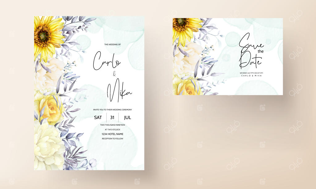 کارت دعوت عروسی با طراحی گل‌های آبرنگی