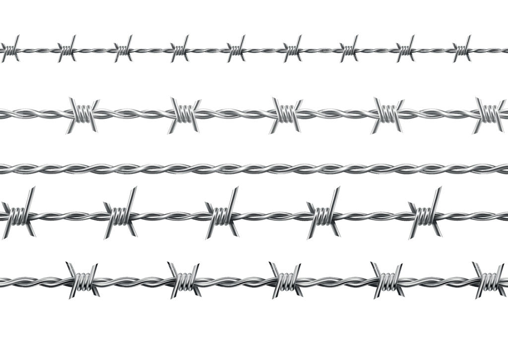 سیم خاردار فلزی واقعی، مرزهای بدون درز با تیغ. حصار محافظ برای زندان یا ارتش با خارها. مجموعه برداری مرزبندی با سیم خاردار