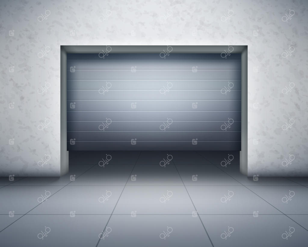 تصویرسازی از نمای جلوی گاراژ؛ ترکیب واقع‌گرایانه با دیوارهای بتنی و کفپوش خاکستری و درب باز با فضای تاریک درون.