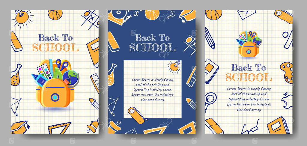 طراحی بنر بازگشت به مدرسه با آیکون‌های آموزشی به سبک دودل و کیف با لوازم‌التحریر روی پس‌زمینه صفحه دفتر. پوستر یا بروشور مدرن و جذاب برای خوش‌آمدگویی به مدرسه، تبلیغات، دعوت‌نامه، کادر و جلد.
