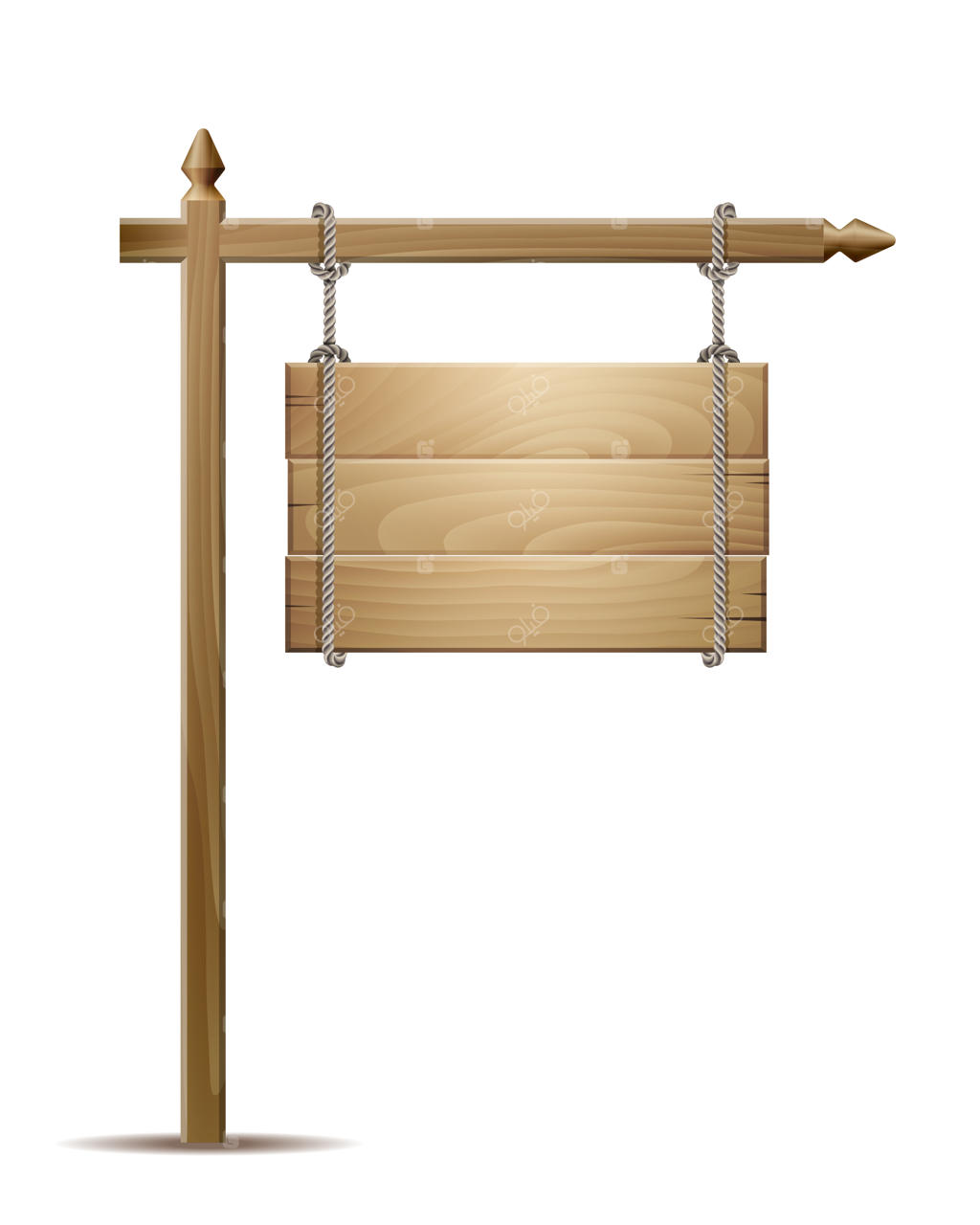 تابلوی چوبی خالی آویزان شده بر روی طناب روی زمینه سفید.