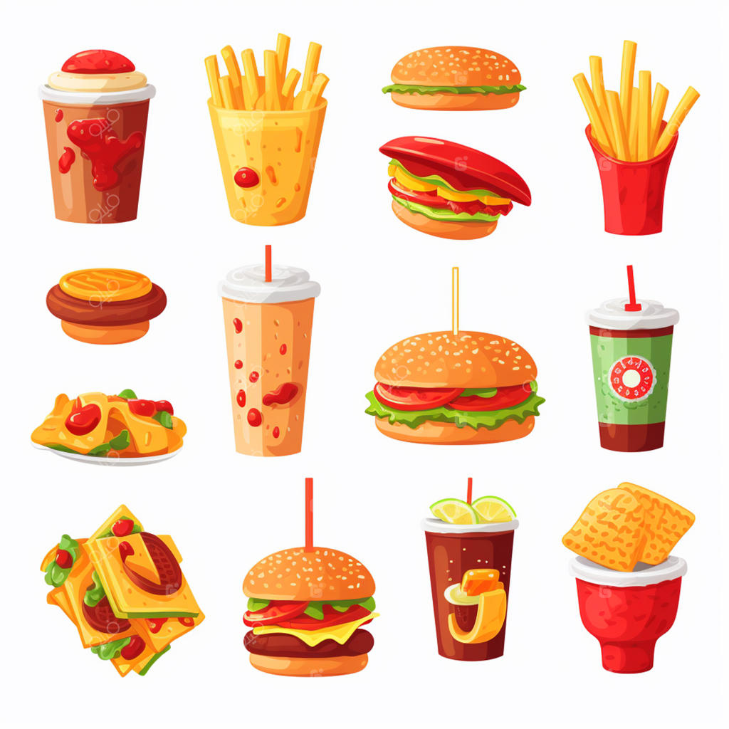 وکتور آیکون همبرگر و تصویرسازی فست فود، پیتزا و ساندویچ برای منوی رستوران
