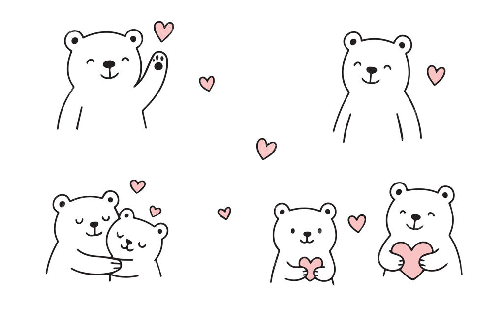 مجموعه‌ای از خرس‌های عروسکی بامزه ولنتاین با قلب‌ها به سبک دودل. کلکسیونی از المان‌های طراحی رمانتیک.