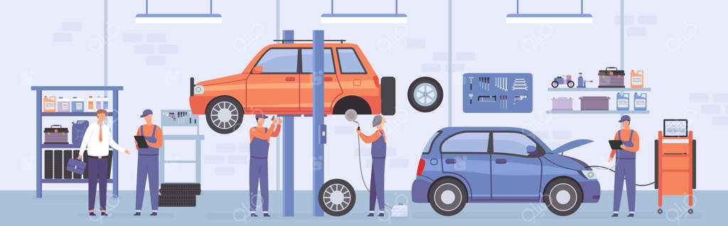 کارگاه تعمیرات خودرو: فضای داخلی مرکز خدمات خودرو با مکانیک‌ها، ماشین‌های بالا رفته و مشتریان. صحنه‌ای از مرکز نگهداری و تعمیرات خودرو به صورت وکتور تخت