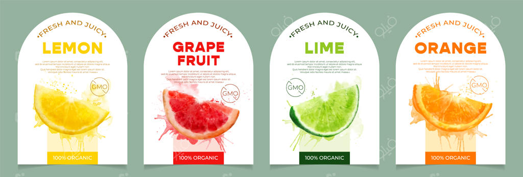 مجموعه‌ای از ۳ برچسب برای بسته‌بندی مرکبات تازه و آبدار - محصول ارگانیک طبیعی، بدون دستکاری ژنتیکی.