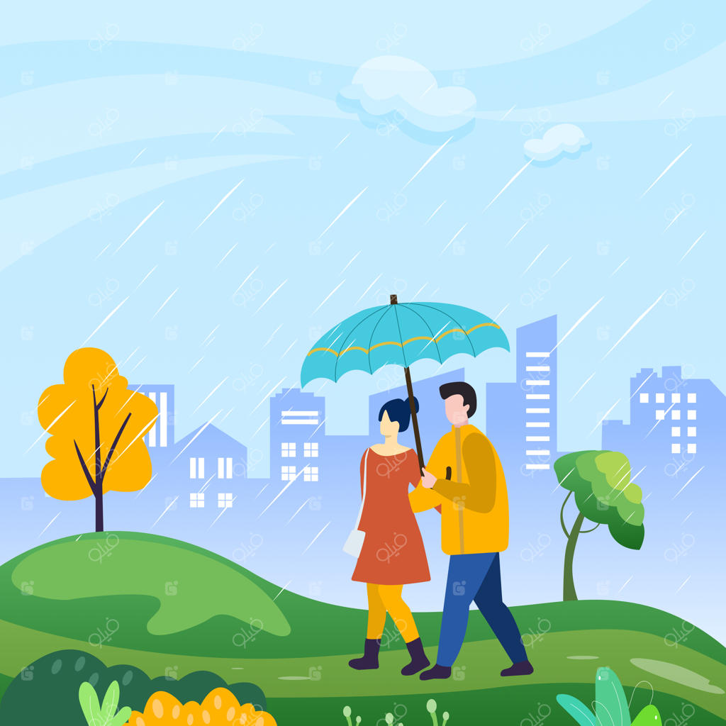 زوج در فصل بارانی قدم می‌زنند