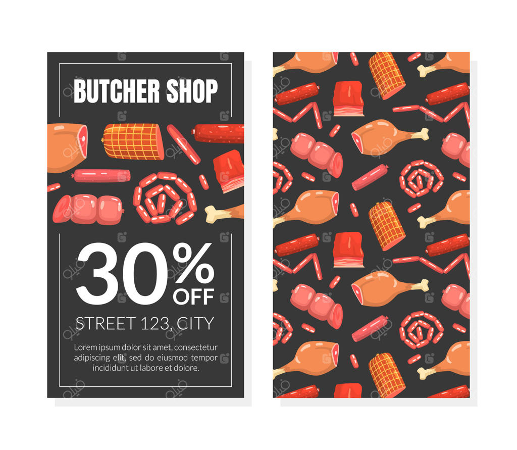 قالب کارت فروشگاه قصابی، تراکت و پوستر با پترن محصولات تازه گوشت