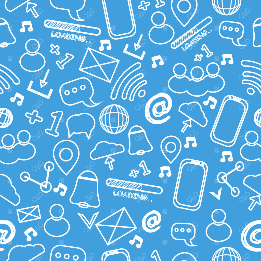 طرح بدون درز دودل با عناصر شبکه‌های اجتماعی، شی‌ءها در طراحی وکتور. زینت گرافیکی مدرن. نمادهای جهانی روشن. تصویرسازی ساده.