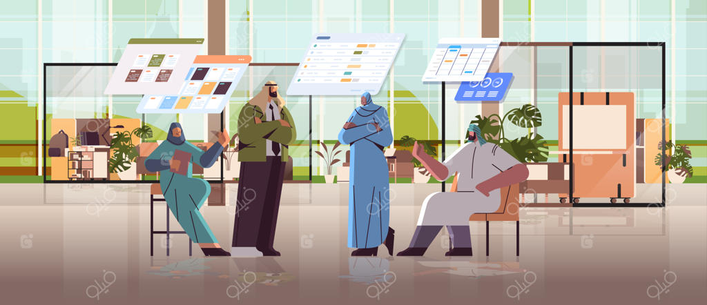 تیم تجار عرب در حال تحلیل داده‌های آماری بر روی تابلوهای مجازی - مفهوم همکاری موفق