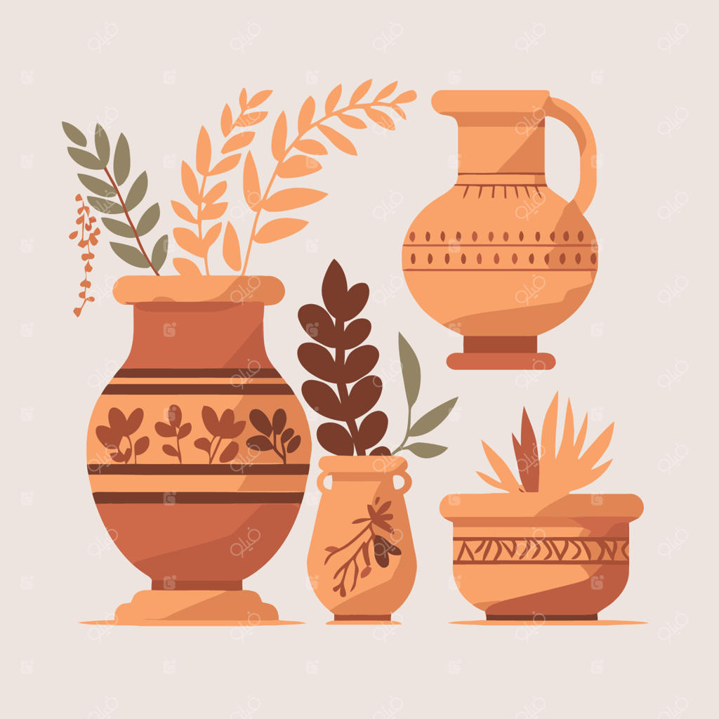 مجموعه‌ای انتزاعی و هنری از سرامیک‌ها و گلدان‌های بوهیمی همراه با برگ‌ها، گیاهان و گل‌ها