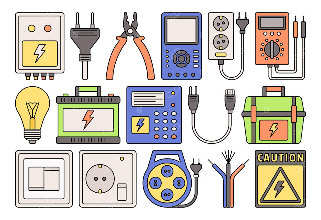 آیکون‌های طراحی تخت ابزارها و لوازم الکتریکی مانند دوشاخه، کابل، متر و علائم هشدار، مناسب برای پروژه‌های طراحی، اینفوگرافیک‌ها یا تصاویر مرتبط با برق.