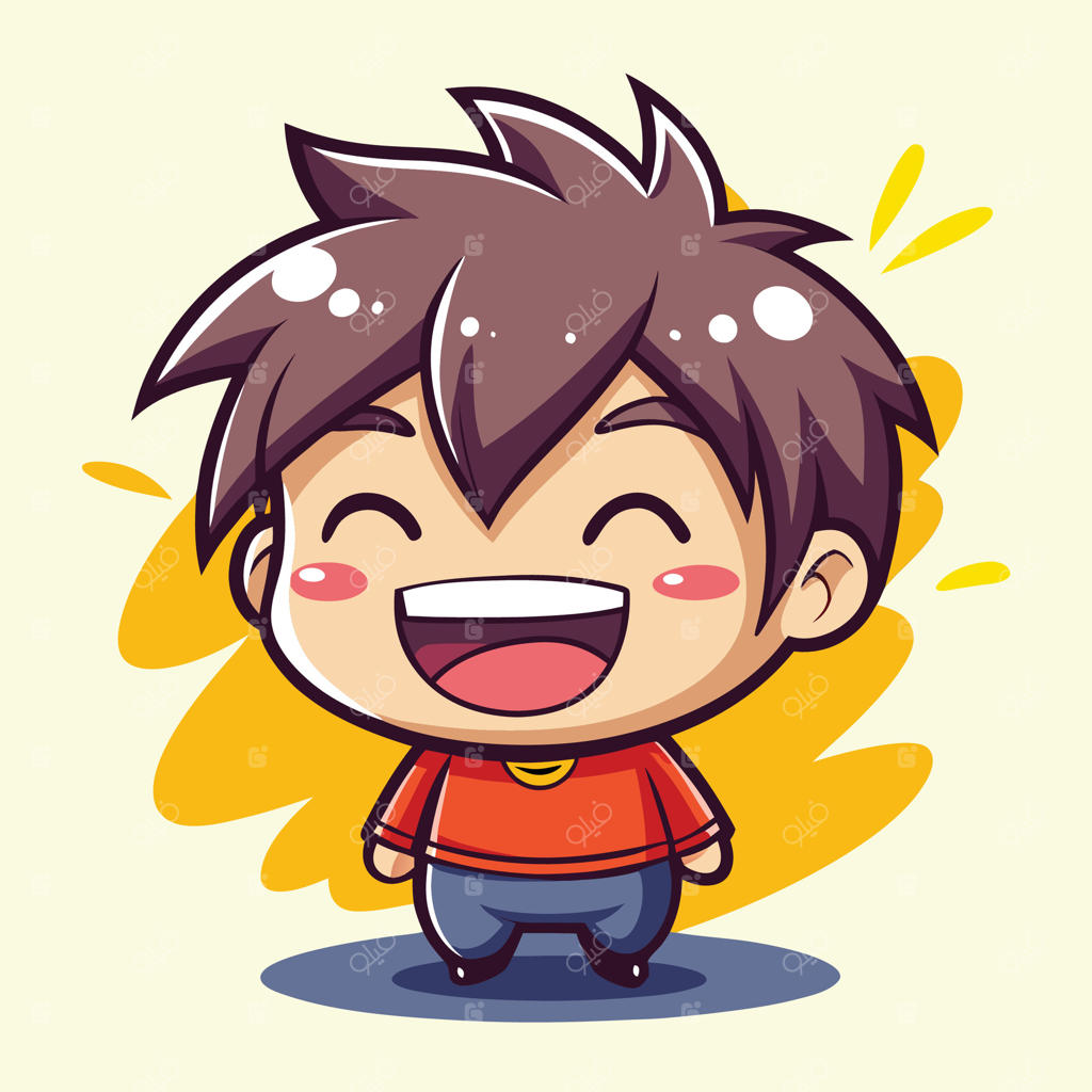 پسربچه کارتونی با لبخندی پهن در پس‌زمینه سفید