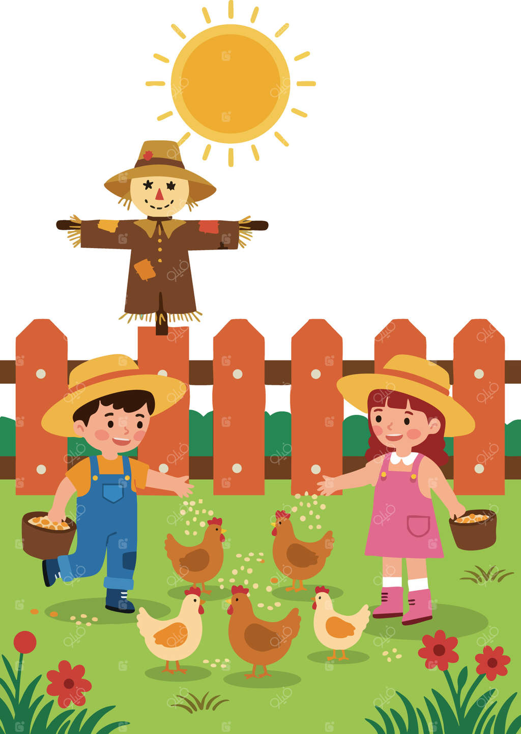 نقاشی کودکان در حال غذا دادن به مرغ‌ها در باغچه با مترسک و آسمان آفتابی