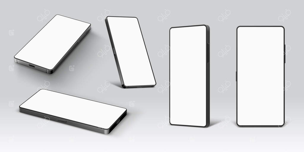 ماکت تلفن همراه: مجموعه قالب وکتوری گوشی هوشمند واقعی با صفحه‌نمایش خالی در دیدهای خوابیده و ایستاده از زاویه‌های جانبی و جلو