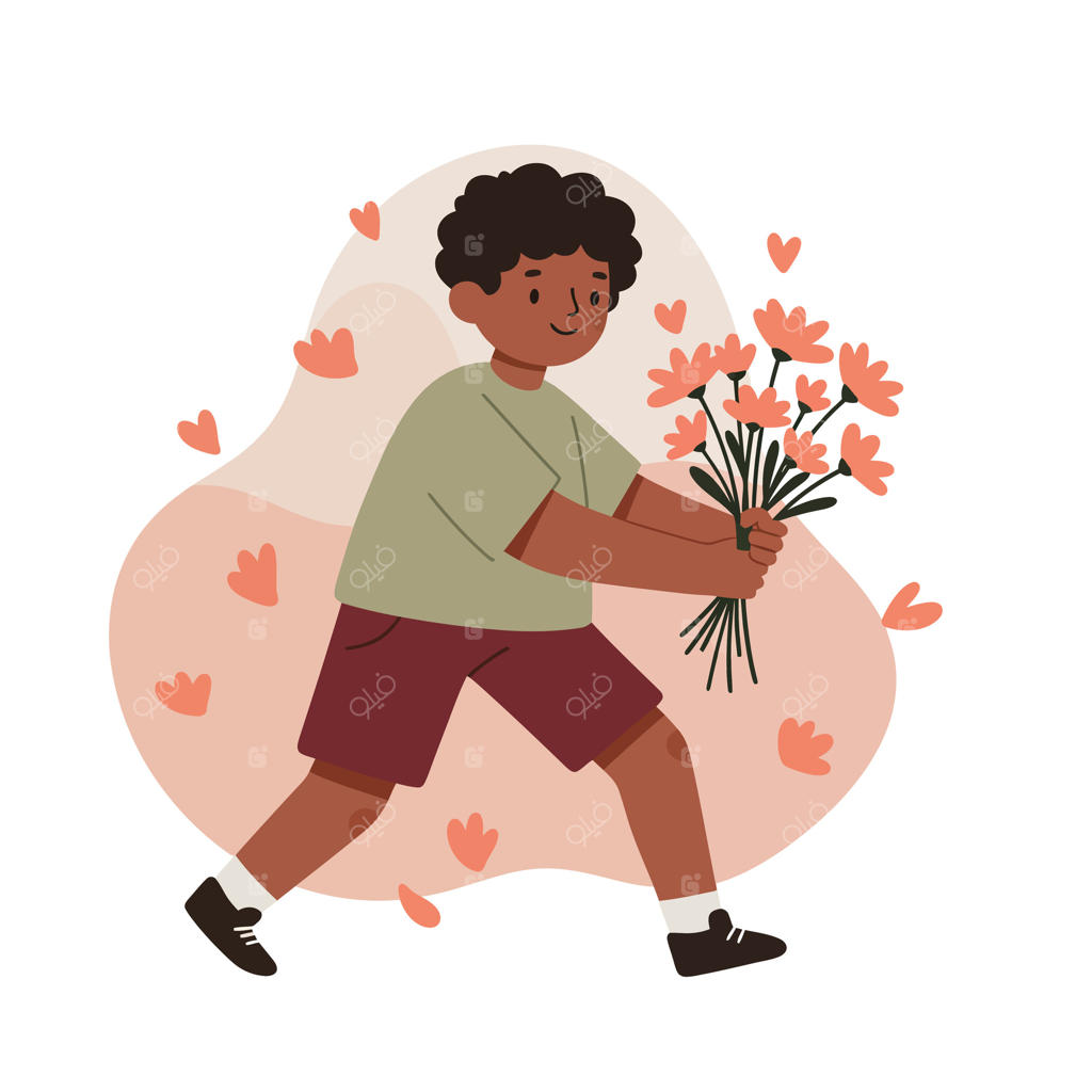 پسر در حال دویدن با دسته گل نارنجی در صحنه‌ای شاد و پر از قلب‌ها