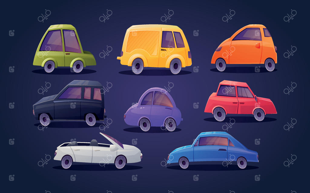 مجموعه‌ای از انواع خودروهای مسافربری رنگارنگ: مجموعه‌ای از تصاویر کارتونی جداگانه از وسایل نقلیه.