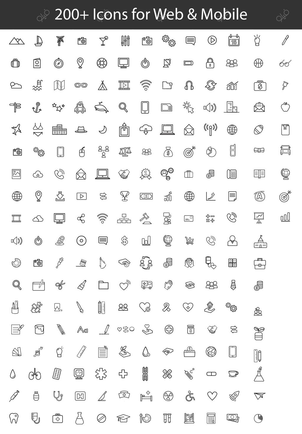 مجموعه ۲۰۰ آیکون خطی وب و موبایل برای رابط‌های دیجیتال