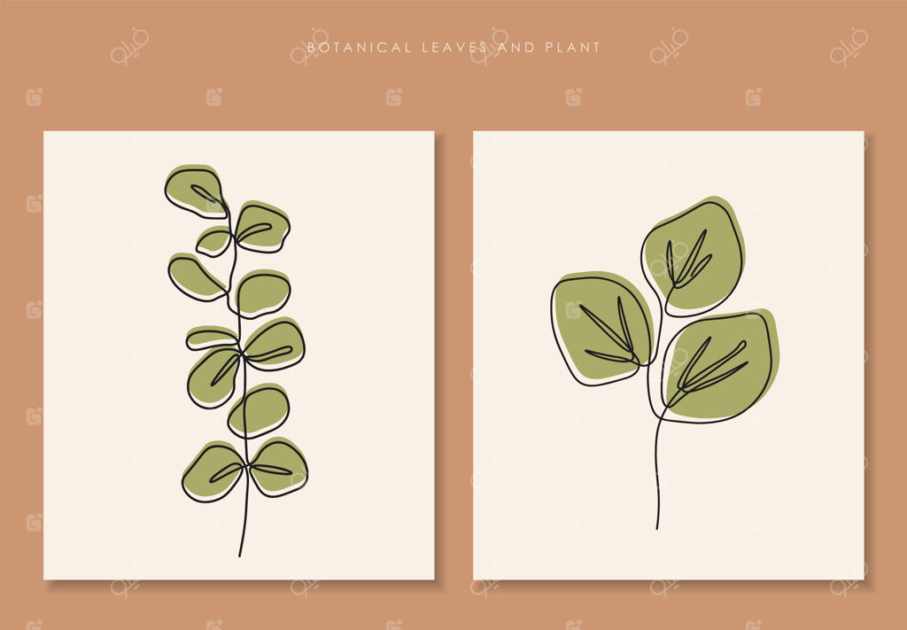 برگ‌های استوایی، مجموعه گیاهان گیاهی- طراحی هنری ساده و خطی، انتزاعی