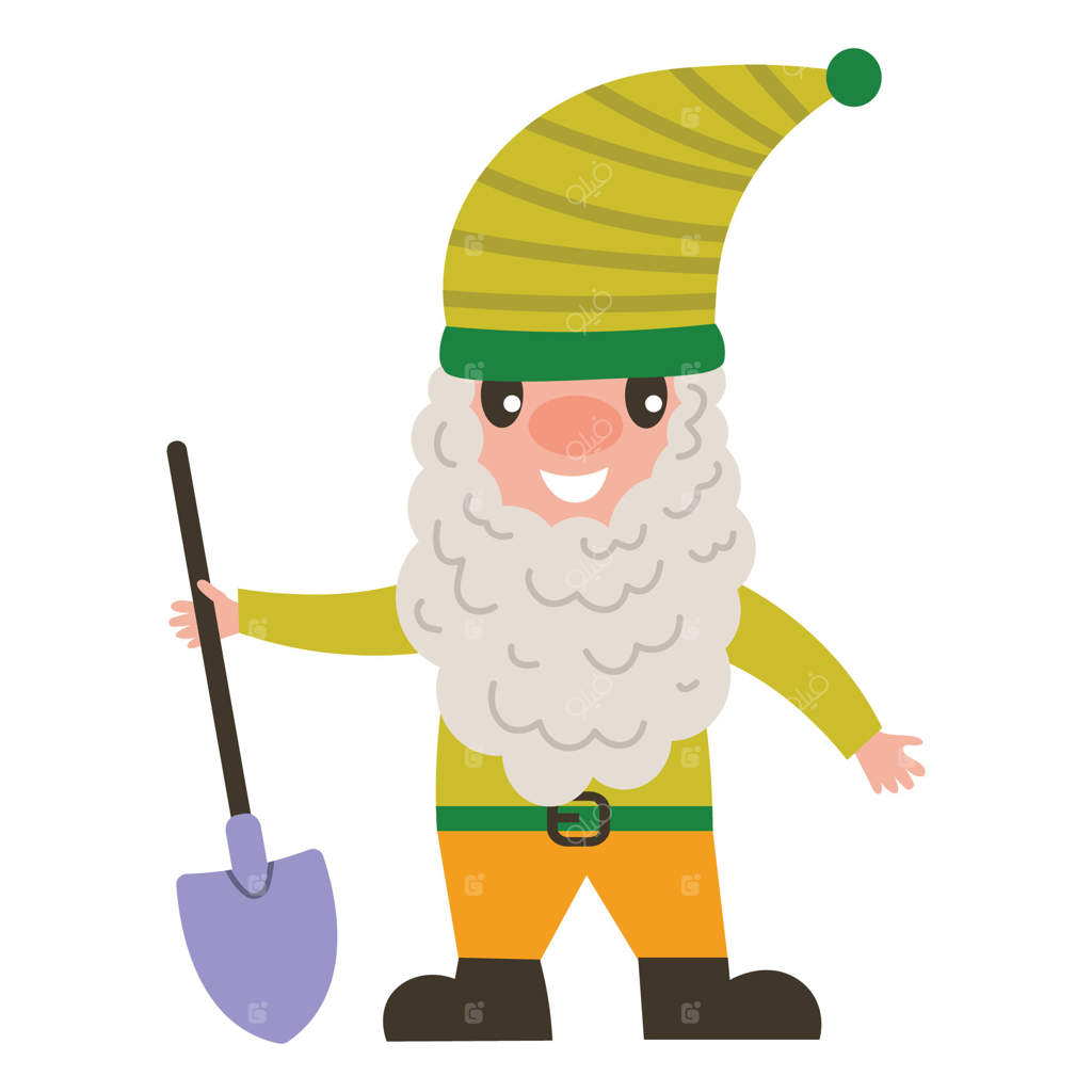 کوتوله باغ بهاری بامزه با بیلچه و کلاه جذاب در سبک کارتونی فلت.